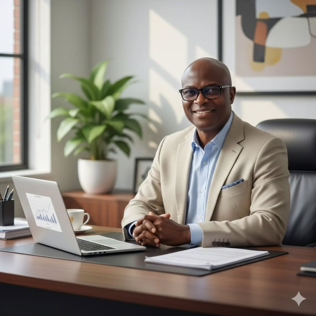 A confident corporate professional seated with a laptop in a bright office